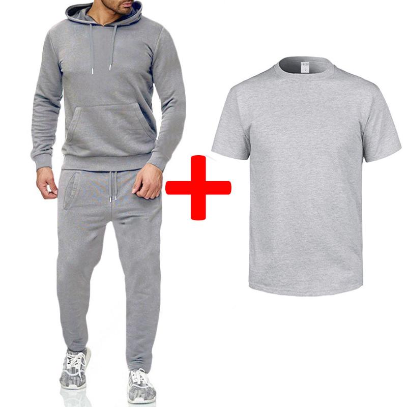 

New hoodie men' sportswear suit fleece sweatshirt solid color running men' sportswear sports suit homme three-piece T-shirt, White