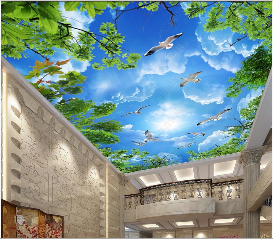 

3D ceiling murals wallpaper custom photo Blue sky and white cloud tree branch ceiling sea bird green leaf home decor wallpaper for walls 3 d, Non-woven