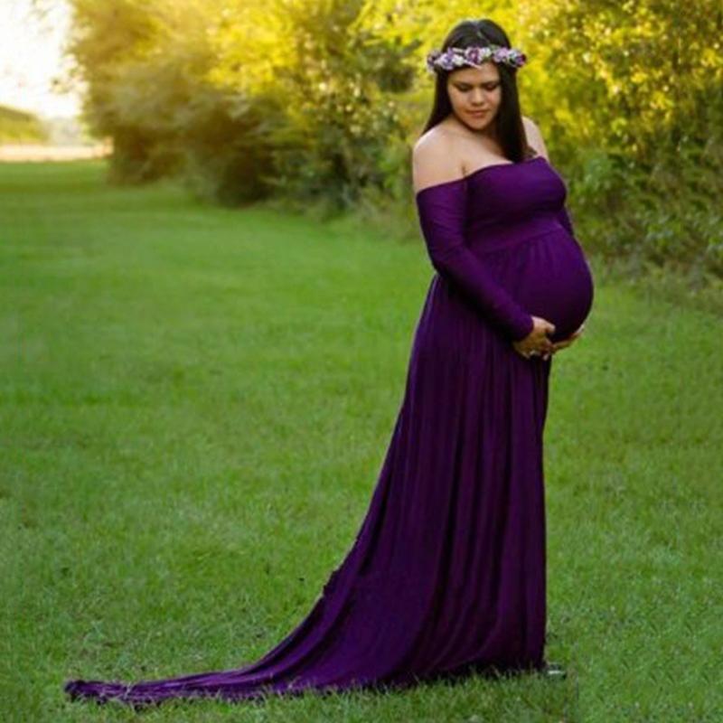 

Women Pregnant Long Sleeves Off Shoulder Shooting Solid Maternity Maxi Dress Fitted Fancy Photography Props Soft Elegant, Purple