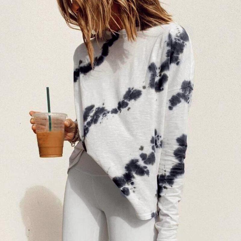 

Women' Summer Black Tie-dye Long Sleeve T-shirt Casual Round Neck Pullover Clothes Sweatshirt 207, White