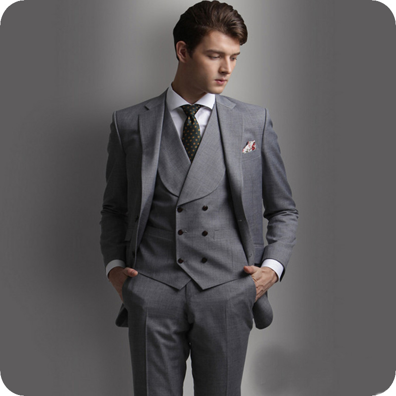 

2020 Mens Suits Gray Custom Made Double Breasted Business Formal Groom Wear Costume Suits Man Casual Slim Blazer Tuxedos Jacket Pants Vest, Same as image