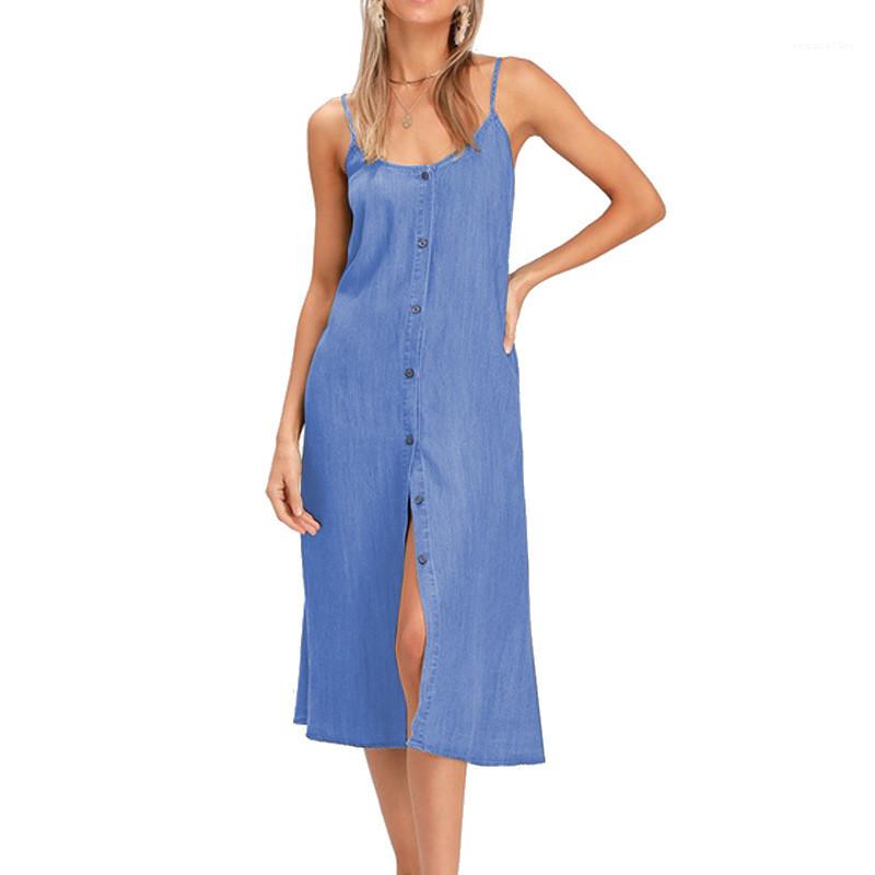 

Shirt Dress with Bow Womens Summer Denim Camisole Dresses Desinger Button Sleeveless Fashion Style Female Clothing Casual, Blue