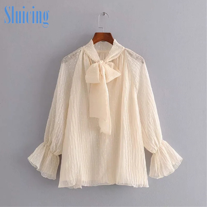 

SLUICING 2020 summer women' white casual fashion shirt office women' dot loose flared sleeve bow chiffon shirt women