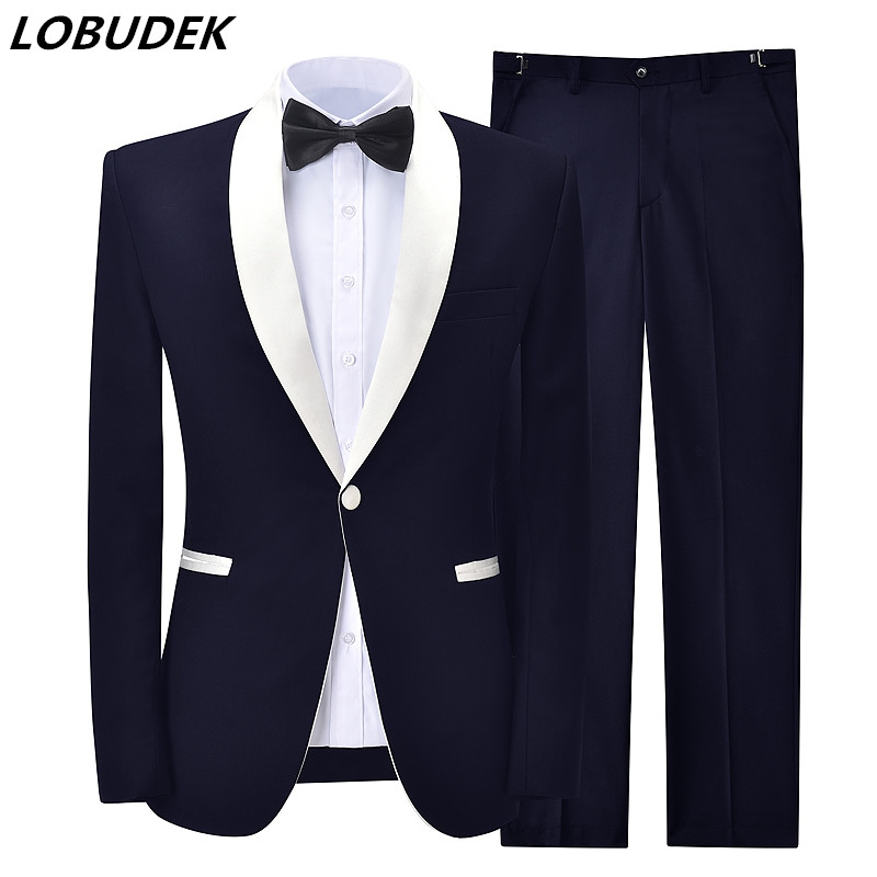 

Fashion 2 Piece Men's Suits Solid Business Casual Office Suit One Button Shawl Lapel Slim Fit Tuxedo Costume Evening Banquet Set