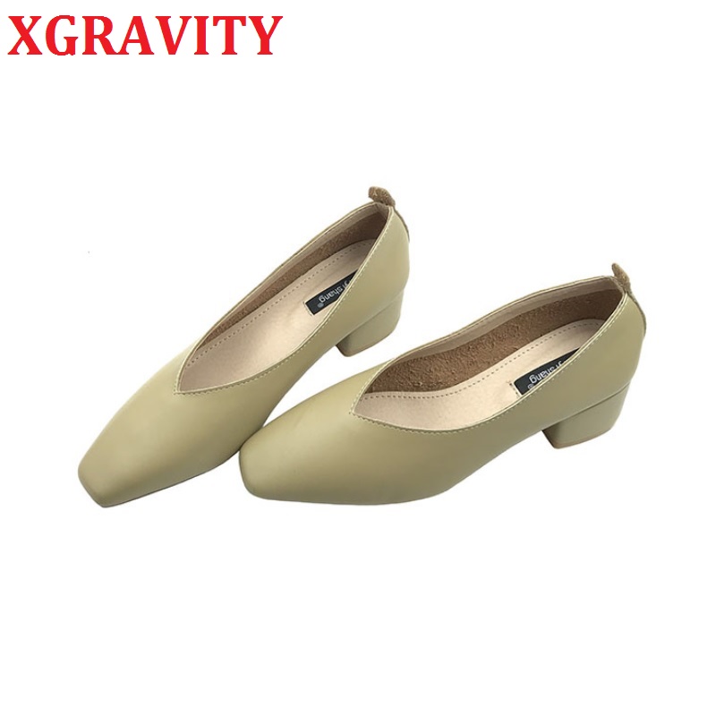 

XGRAVITY 2020 Star Square Toe Girl Chunky Heel Woman Shoe Deep V Design Lady Fashion Shoes Elegant European Women Shoes C066, Beige
