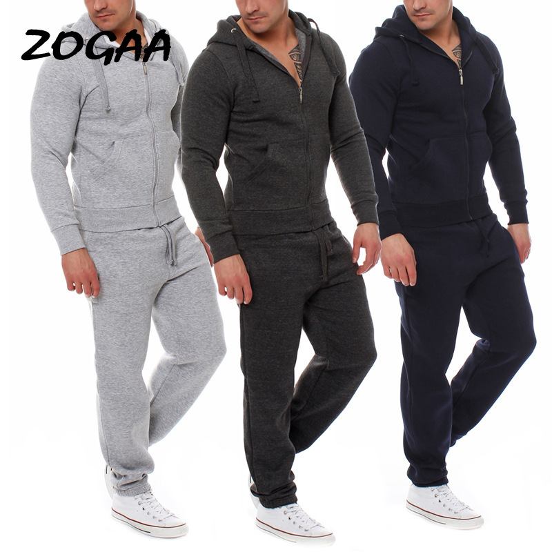 

ZOGAA 2020 two-piece men' solid color sports suit spring and autumn trousers sweatshirt men hoodie sportswear suit, Black