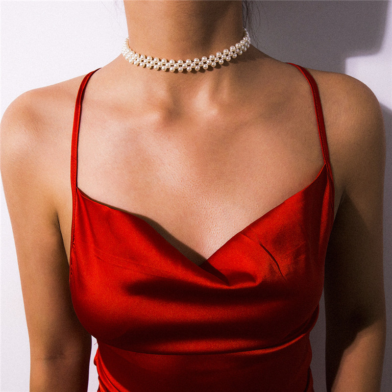 

European Imitation Pearl Beads Choker Geometric Handmade Alloy Round Necklaces For Women Evening Dress Business Party Chain Ornaments Accessories