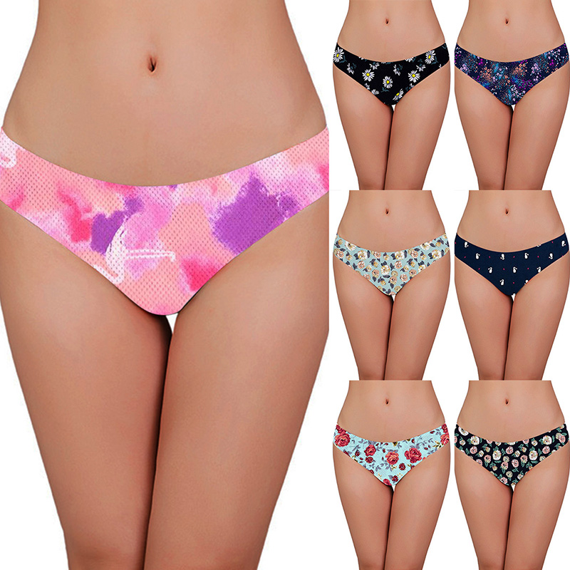 

Print Mesh Breathable Seamless Panties Women Underwear Sexy Flowers Female Plus Size Lingerie Casual Low-waist Soft Briefs, Navy 1