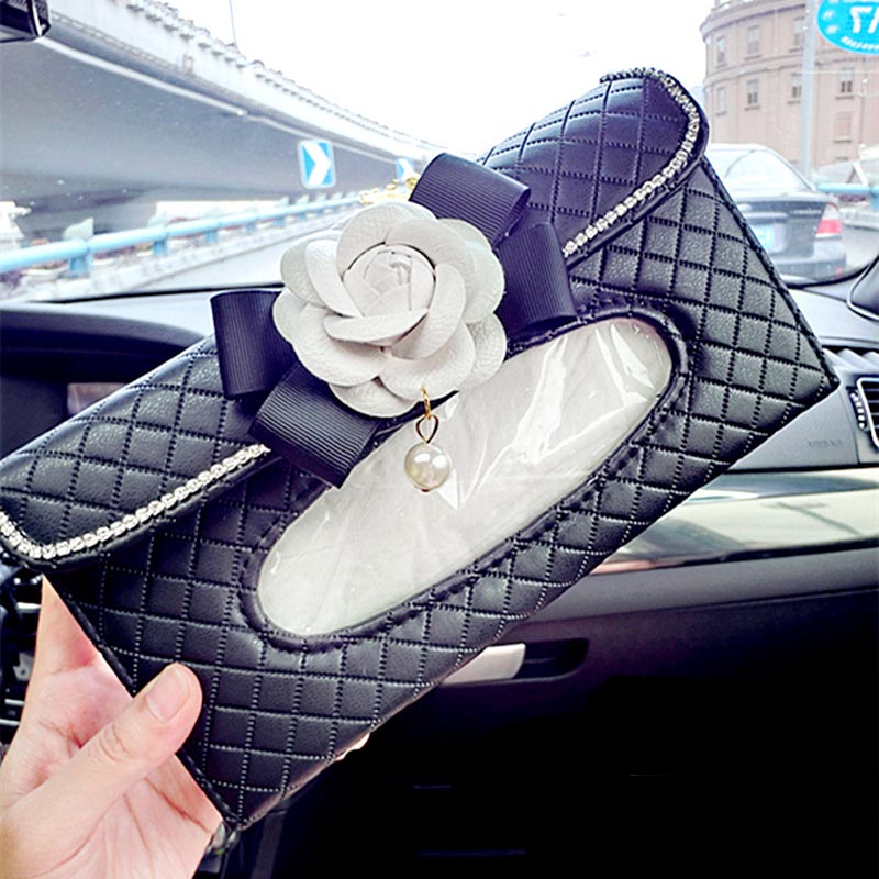 

Camellia Car Sun Visor Tissue Box Leather Hanging Tissue Case with Flower For Girls Crystal Studded Rhinestone Auto Bag