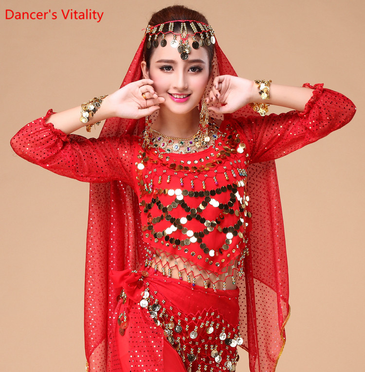 

Women's Belly Dance Costume Shirt Chiffon Lantern Long Sleeves Gold Coins Top&tees Clothing Belly Dancing Practice Tops, Red