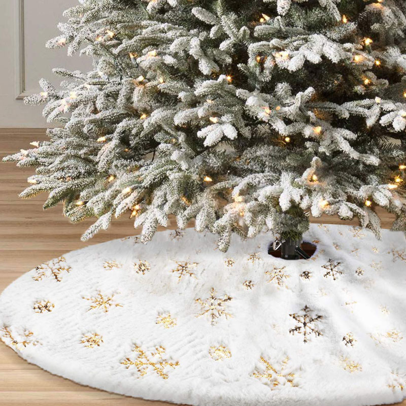 

36"/48" Christmas Tree Skirts White Plush With Golden/Silver Snowflake Sequins Faux Fur Tree Skirt Decorations