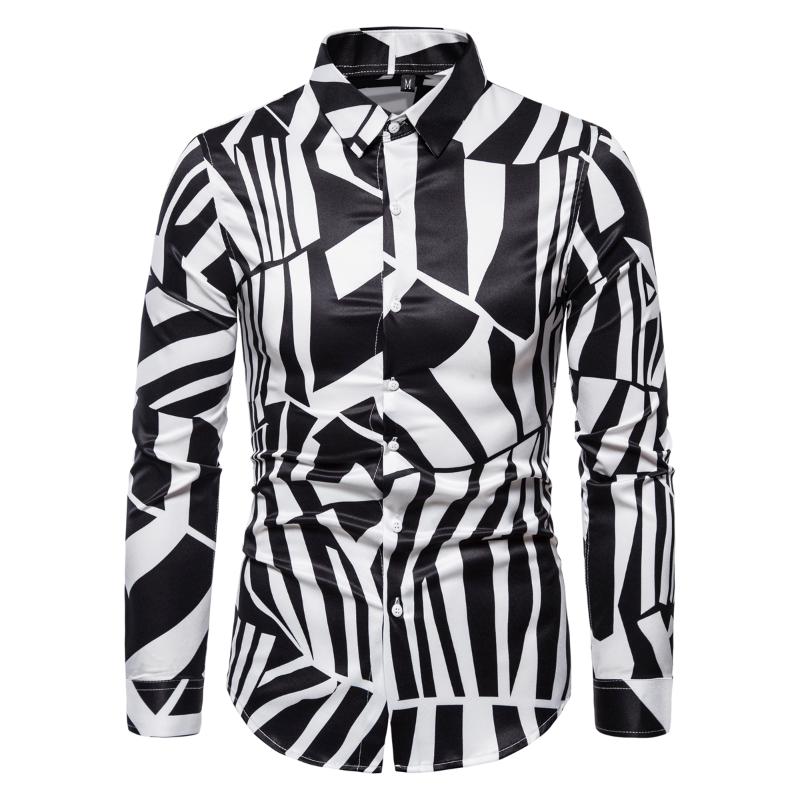 

Blouse Men Personality Print Design Long Sleeve Lapel Shirt Man Casual Fashion Party Dress Top Summer New 2020 Black, Black a223-2504-p55