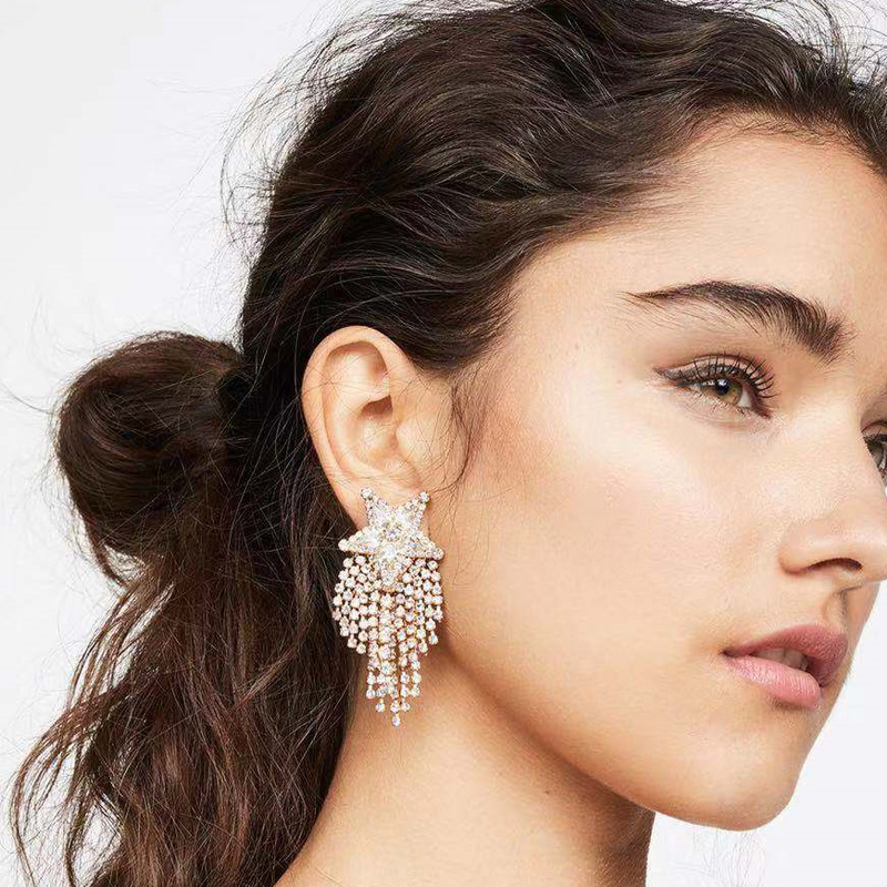 

Exaggerated wind Diamond Glass Diamond five-pointed star rhinestone tassel earrings women's fashion Super Flash full diamond banquet