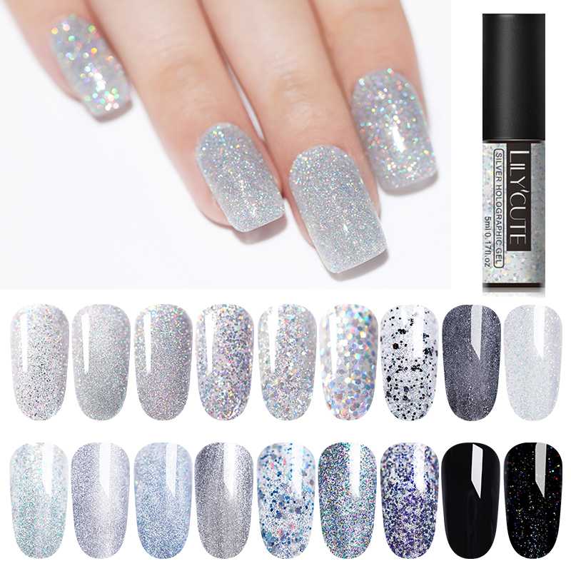 

LILYCUTE 5ml Silver Nail Gel Polish Glitter Sequins UV Gel Nail Varnish Soak Off Long Lasting Art Polish, 164