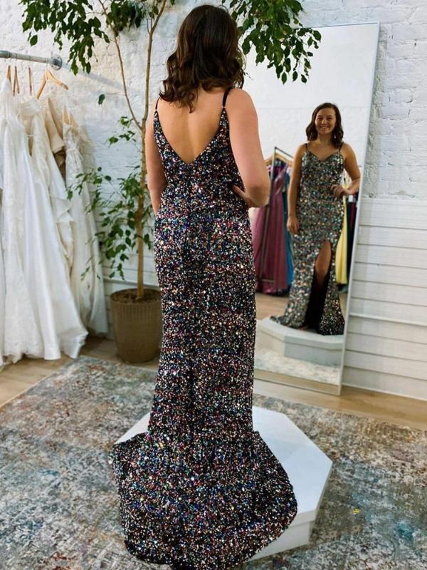 

Prom Dresses 2020 Mermaid Split Sleeveless Floor Length Sequin Formal Party Evening Gowns For Women, As pic