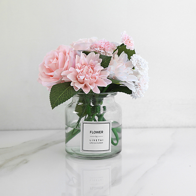 

Pink Silk Flower Wedding Bouquet Roses Dahlias Artificial Flowers Vivid Fake Leaf Bridal Bouquets Home Bedroom Garden Decoration, Blue