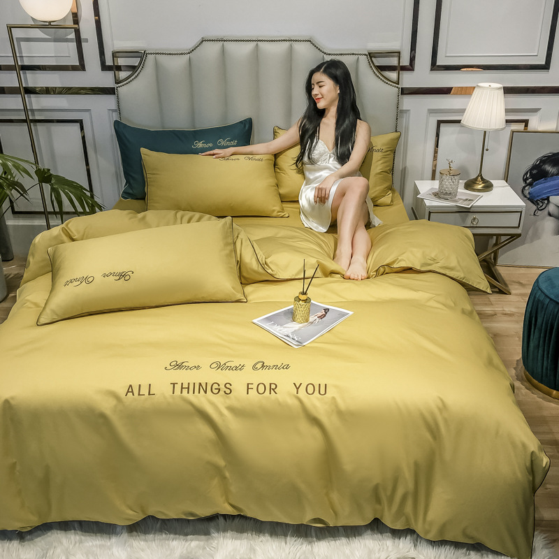 

Luxury 60S Egyptian cotton Bedding Set Solid color embroidery Bed set Duvet Cover Bed Sheet spread flat sheet pillowcases