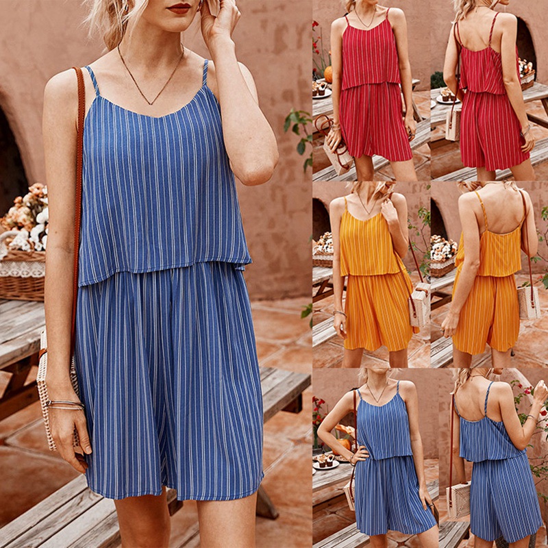 

Summer Sexy V-Neck Sleeveless Straps Short Jumpsuit Striped Suspenders Women' Jumpsuit, Blue