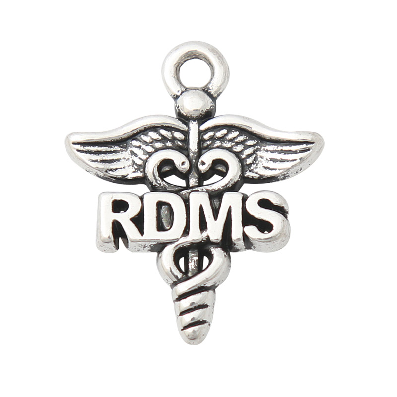 

Wholesale Antique Silver Plated Fashion Alloy Medical Charms RDMS Caduceus Symbol Charms 19*23mm 50pcs AAC1980