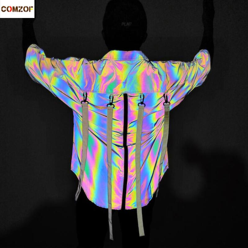 

Newest men hip hop oversize shirt short sleeve colorful reflective personality korean clothes ribbon shirts back zipper tops, Picture color