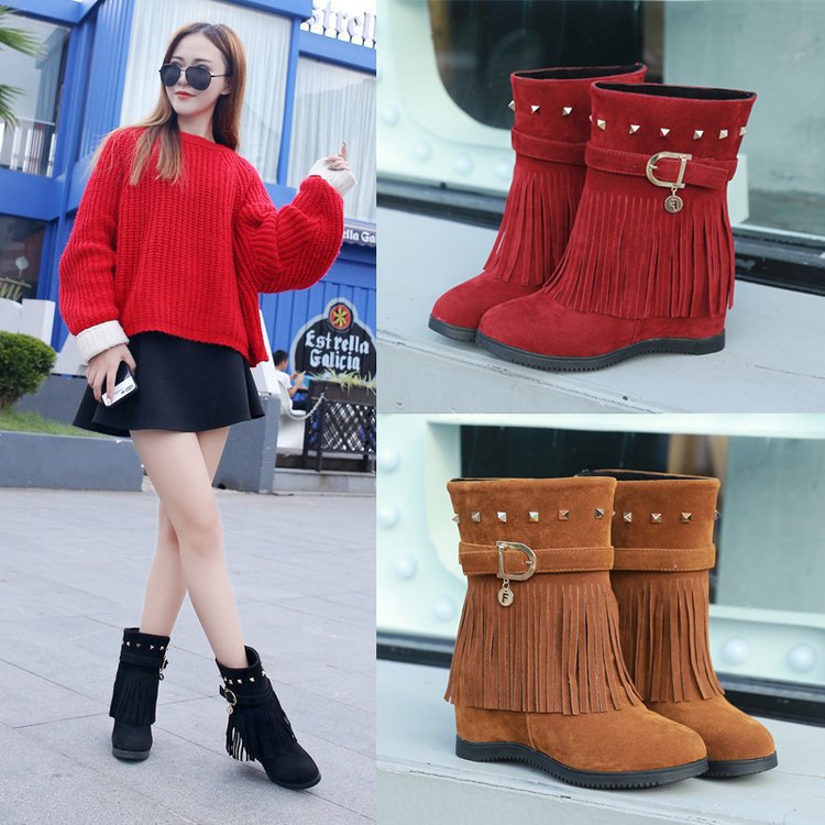 

Fringed snow boots women's 2020 autumn and winter new suede inner heightening short boots women's wild plus size, Black