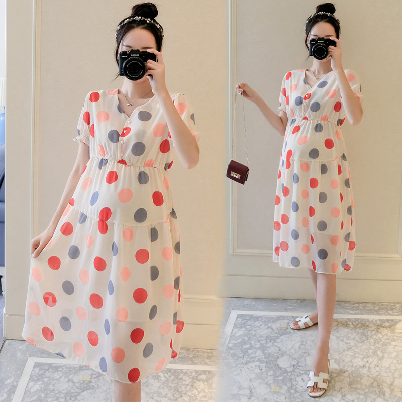 

1939# Nursing Maternity Clothing V Neck Loose Stylish Polka Dot Dress for Pregnant Women Pregnancy Nursing Dress, The picture color