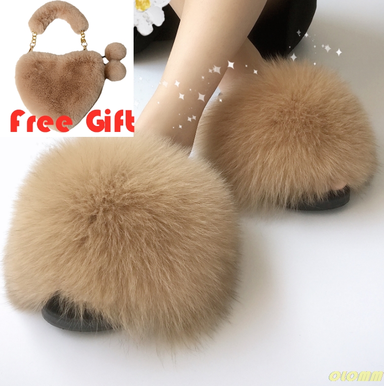 

Summer Women Fur Slippers Set Fashion Fluffy Furry Handbag Casual Plush Fur Slides Shoes Cute Faux Bags Sets Hot, Khaki hair