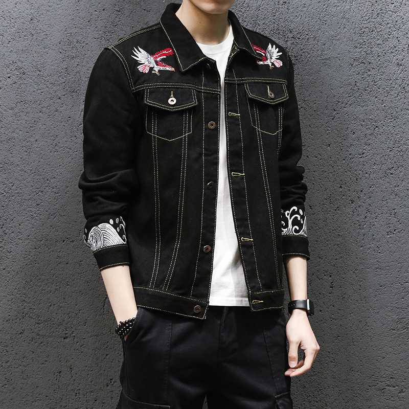 

2020 New Year explosion eagle embroidery jacket personality trend big embroidery high street casual denim jacket denim cool, Black