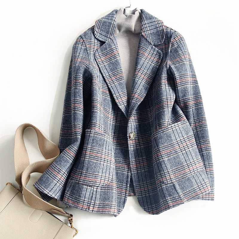 

Women Wool Blazer 80%Wool 20%Poly Plaid Office Lady Blazer Single Button Two Pocket Jacket Spring Autumn Wool Coat Female K276, Blue
