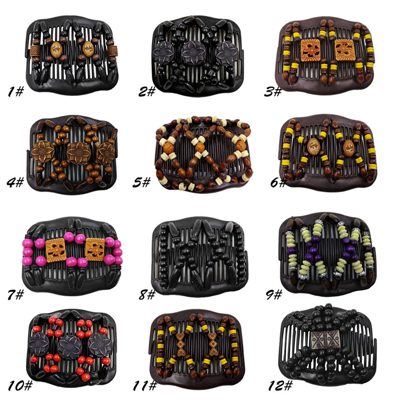 

Women Girl Wooden Beaded Flower Hair Combs Magic Comb Double Row Insert Magic Hair Clips Handmade Hairpin Headwear Hair Accessories