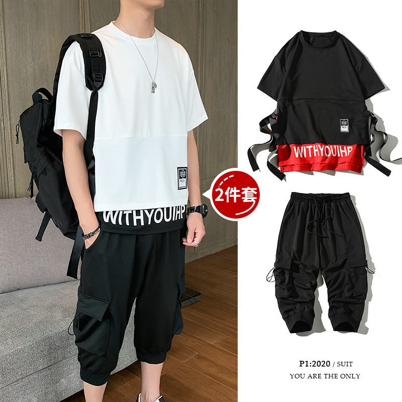 

Summer Sport Suit Men's Sets T Shirt+Shorts Two Pieces Sets Casual Tracksuit O-Neck Patchwork Sportswear Sweatsuit Tracksuit Men, Black