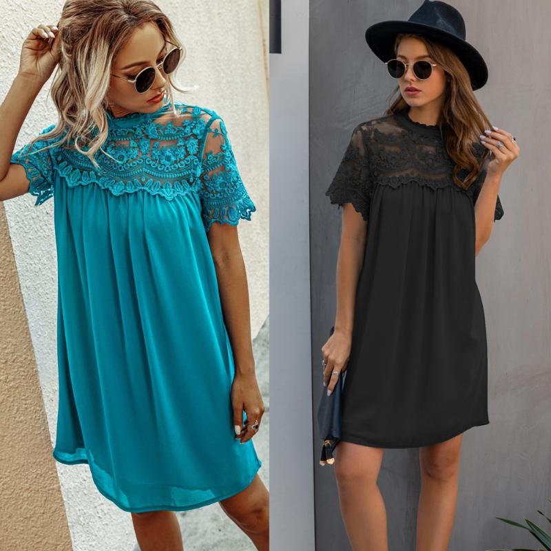 

Women Elegant Sexy Lace Dress Summe Fit And Flare Black Party T-shirt Dresses Plus Size Dresses -XXL, Beige