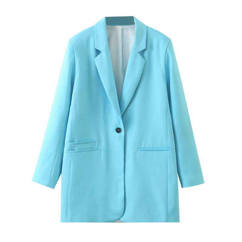 

2020 Autumn Single Button Blazers Coat Notched Long Sleeve Pockets Female Blazers Suits Outerwear Chic Tops, Sky blue