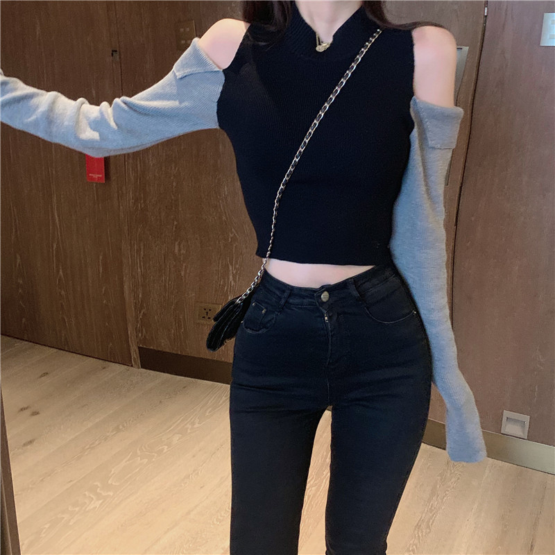

Autumn Women Sweater O-Neck Cropped Sweater Girls Off Shoulder Patchwork Chic Pullover Crop Top For Female, Sweater dress