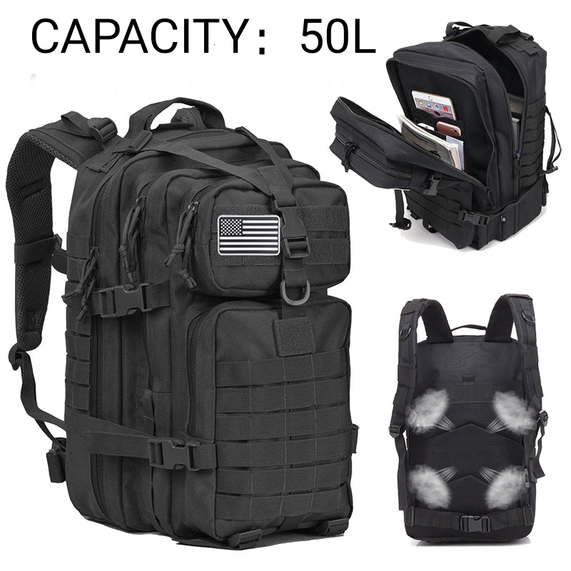 

50L Capacity Tactical Large 3d Backpack Army Tactical Assault Waterproof Accessory Travel Outdoor Sport Bags, Black