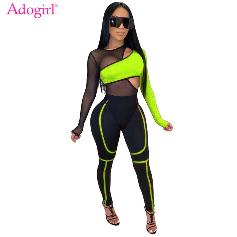 

Adogirl Color Patchwork Sheer Mesh Bandage Jumpsuit Women Sexy Hollow Out Long Sleeve Casual Romper Tracksuit Club Overalls, Red jumpsuit
