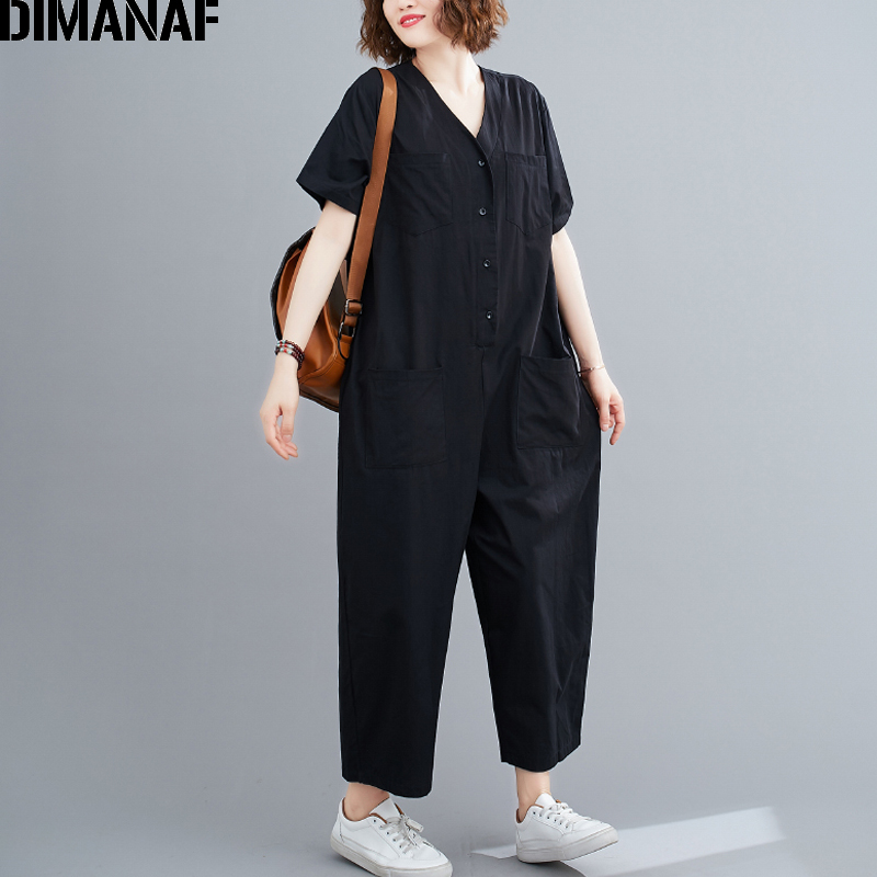 

DIMANAF Plus Size Women Jumpsuits Long Pants Trousers Female Clothing Loose Casual Cotton Solid Button Pockets Lady Jumpsuits, Xxj7200-hei