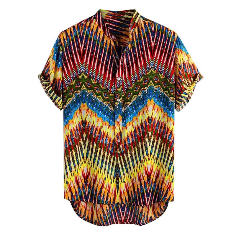 

Retro Printing Mens Casual Shirt Short Sleeve Button Stand Collar Summer Hawaiian Shirts Men Streetwear Camisa 2020 Men Clothes, Purple
