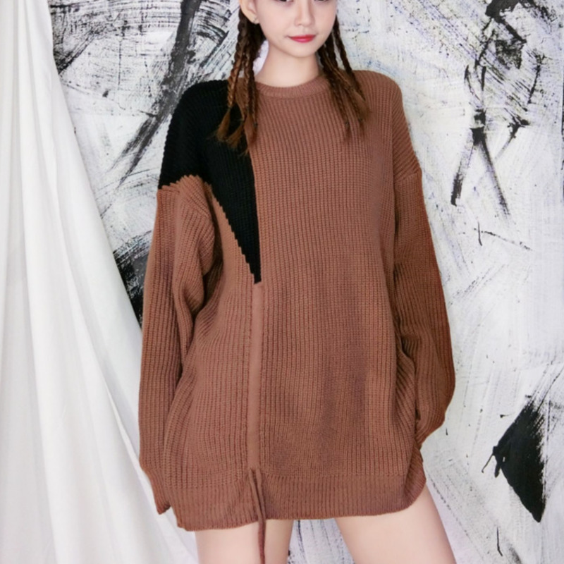 

EWQ] ] Long Sleeve Women New Fashion Autumn 2020 Drawstring Mixed Color Knitting Pullovers Knit Sweater Loose Fit Round Neck, Black