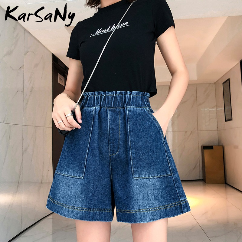 

Summer Shorts For Women 2020 Short Jeans Cotton Plus Size Wide Leg Elastic High Waist Denim Shorts Plus Size Loose Short Jeans, Blue