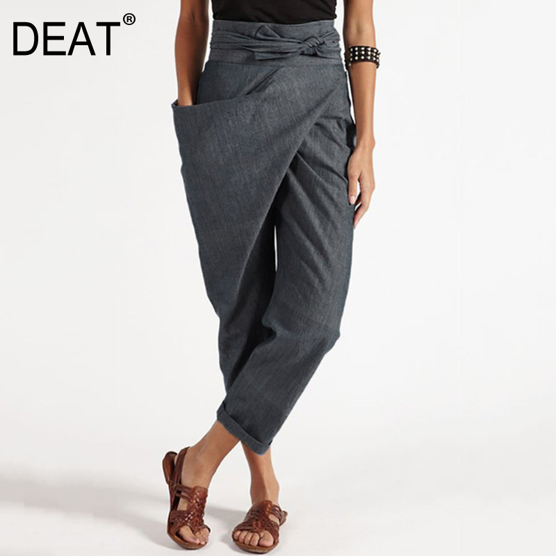 

DEAT] High Elastic Waist Pleated Spliced Temperament Trousers New Loose Fit Pants Women Fashion Tide Spring Summer 2020 13S563, Black