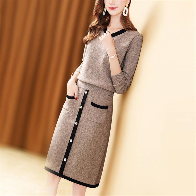 

2020 New Casual Loose Tops And Knee Length Skirt Knitted Set Solid Women Pullover Sweaters Skirts Two Piece Suits Clothing, As picture