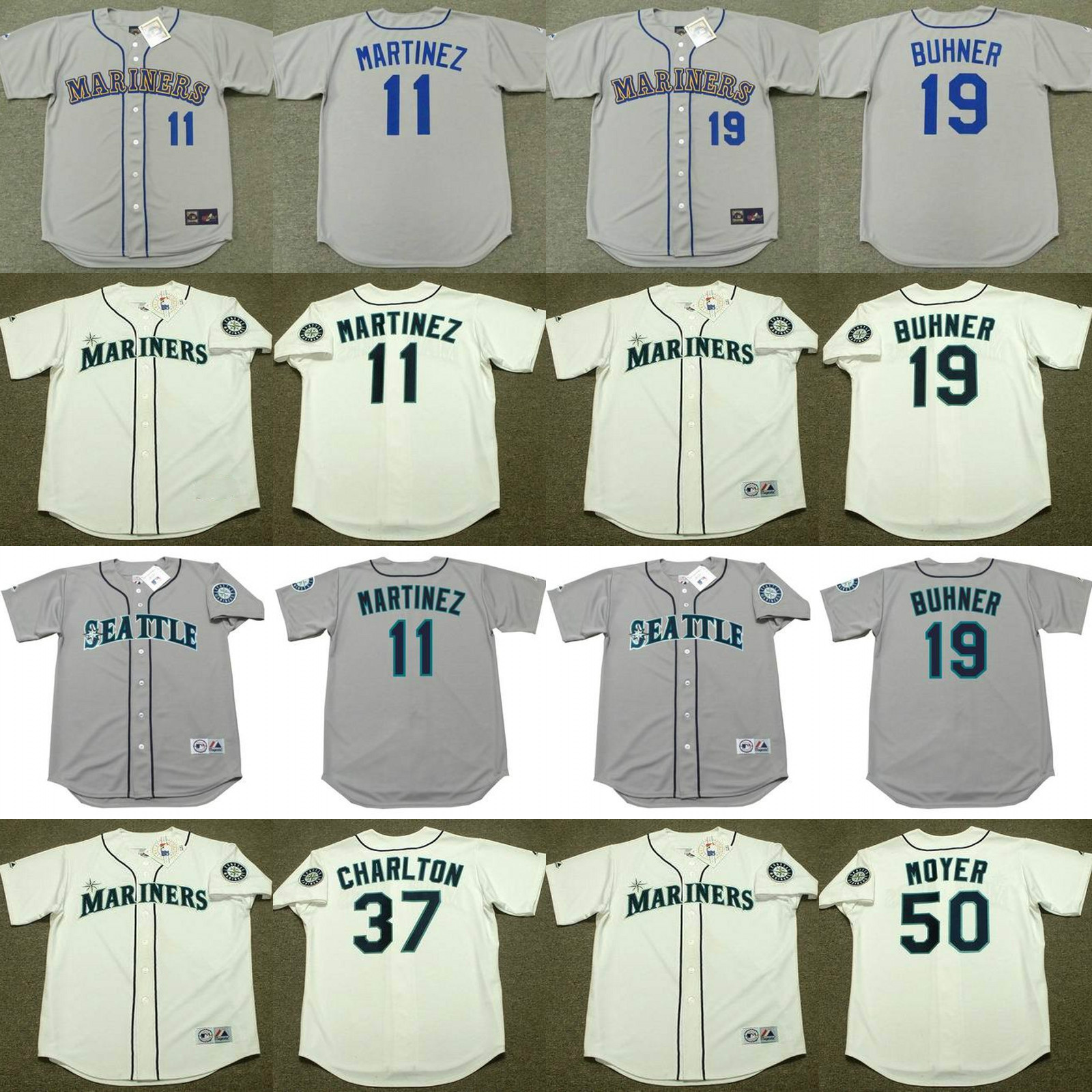 

Seattle 13 OMAR VIZQUEL 11 EDGAR MARTINEZ 19 Jay Buhner 5 JOHN OLERUD 6 DAN WILSON 23 TINO MARTINEZ NORM CHARLTON Baseball jersey, 1970 white