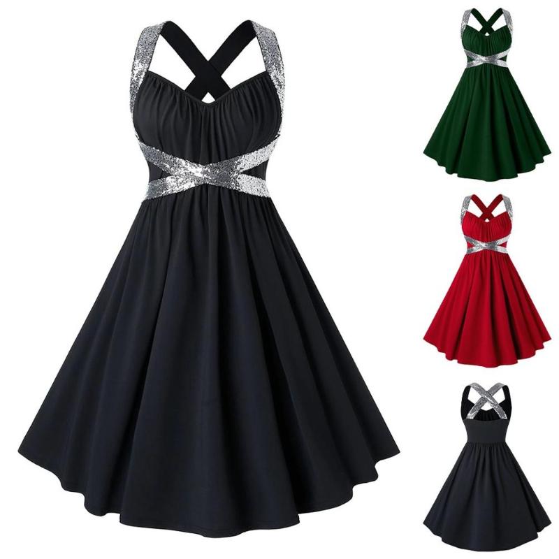 

Women Casual Sleeveless Sequins solid Bandage Party prom Plus Size Sexy Dress, Red