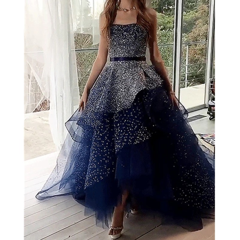 African Dark Navy High Low Prom Dresses Ruched Skirts Appliques Sequined Long Sleeves Plunging Strapless Evening Gowns Reception dress