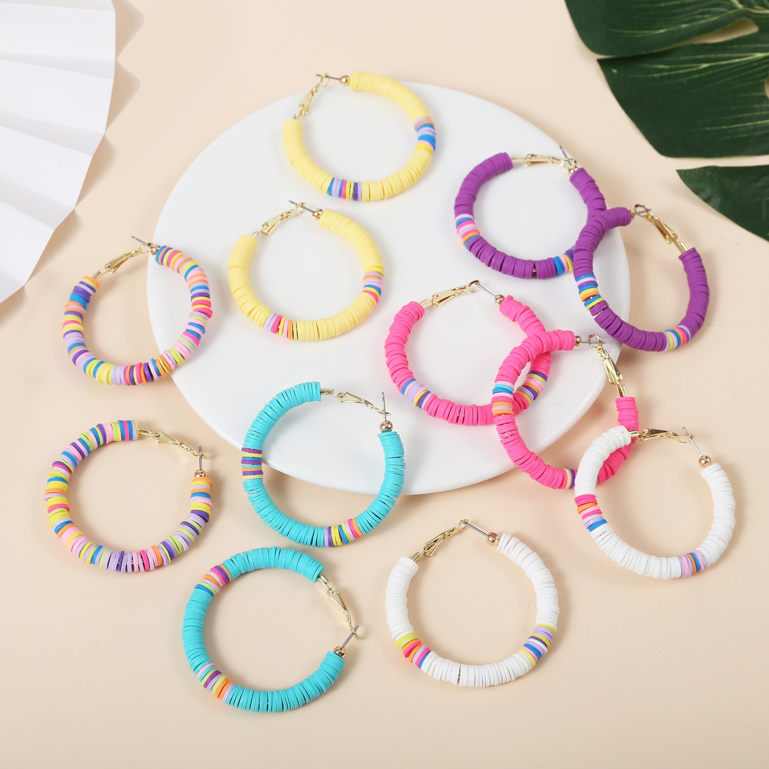 Fashion Bohemian Style Colorful Round Disc Heishi Polymer Clay Hoop Earring for Women-image-563567221