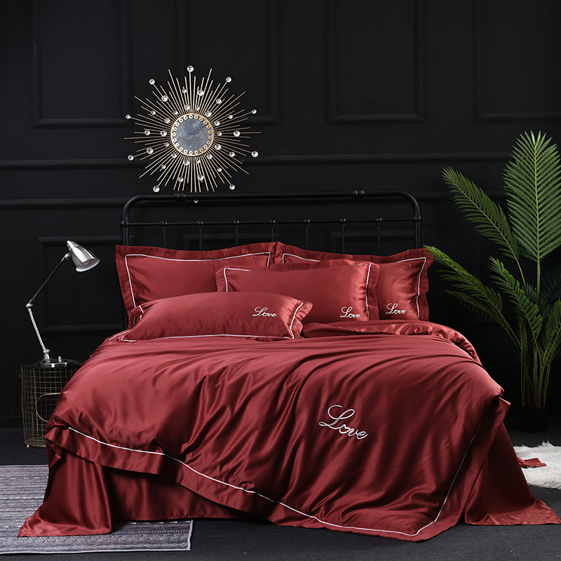 

4pcs Home Textile silk tencel bedding set embroidery bed sheet duvet cover sheet Fitted Bed Flat king queen size