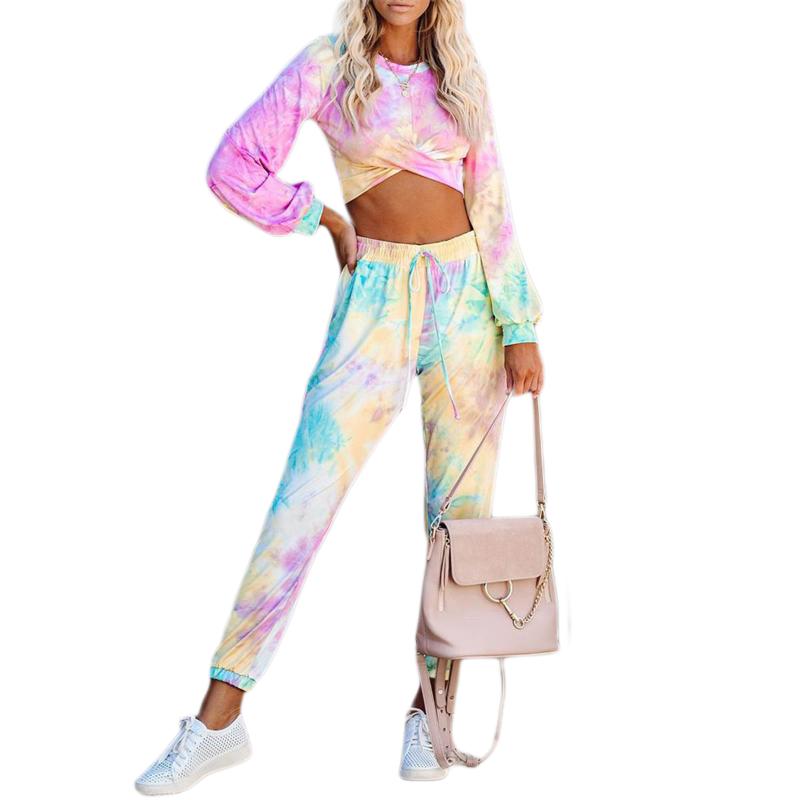 

Tie Dye Print Women' Fashion Tracksuit 2 Piece Set Women Long Sleeve T-Shirt Top + Colorful Pants Two Piece Outfit Streetwear