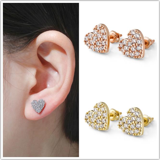 

925 Sterling Silver Rose Gold Cubic Zirconia Womens Love Heart Stud Earrings Full Diamond Earring Studs Hip Hop Ear Jewelry Gift for Ladies