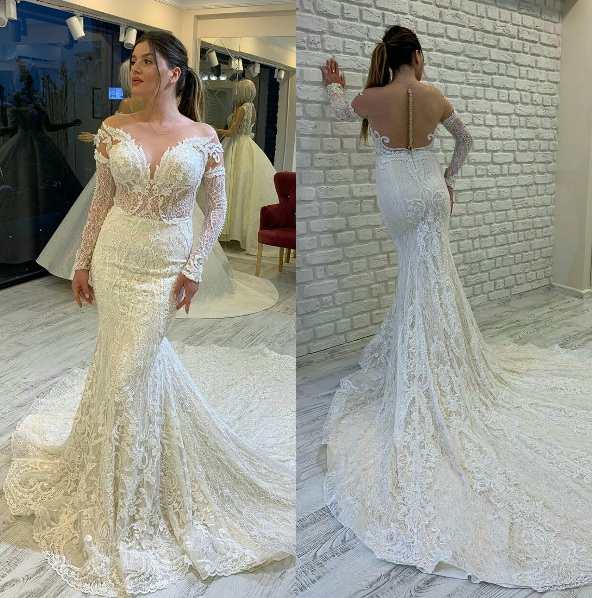 

2020 Luxurious Wedding Dresses Long Sleeves Appliques Lace Mermaid Bridal Gowns Custom Made Sweep Train Wedding Dress robes de mariée, Red